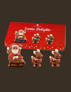 Der Weihnachtsmann und seine Rentiere - ein schönes Set aus Vollmilchschokolade in einer eleganten Schachtel.

Verpackungsgröße: 275x140x40mm